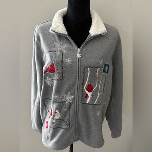 Vintage Gray Fleece Jacket with Holiday Cardinal Embroidery. Size LP